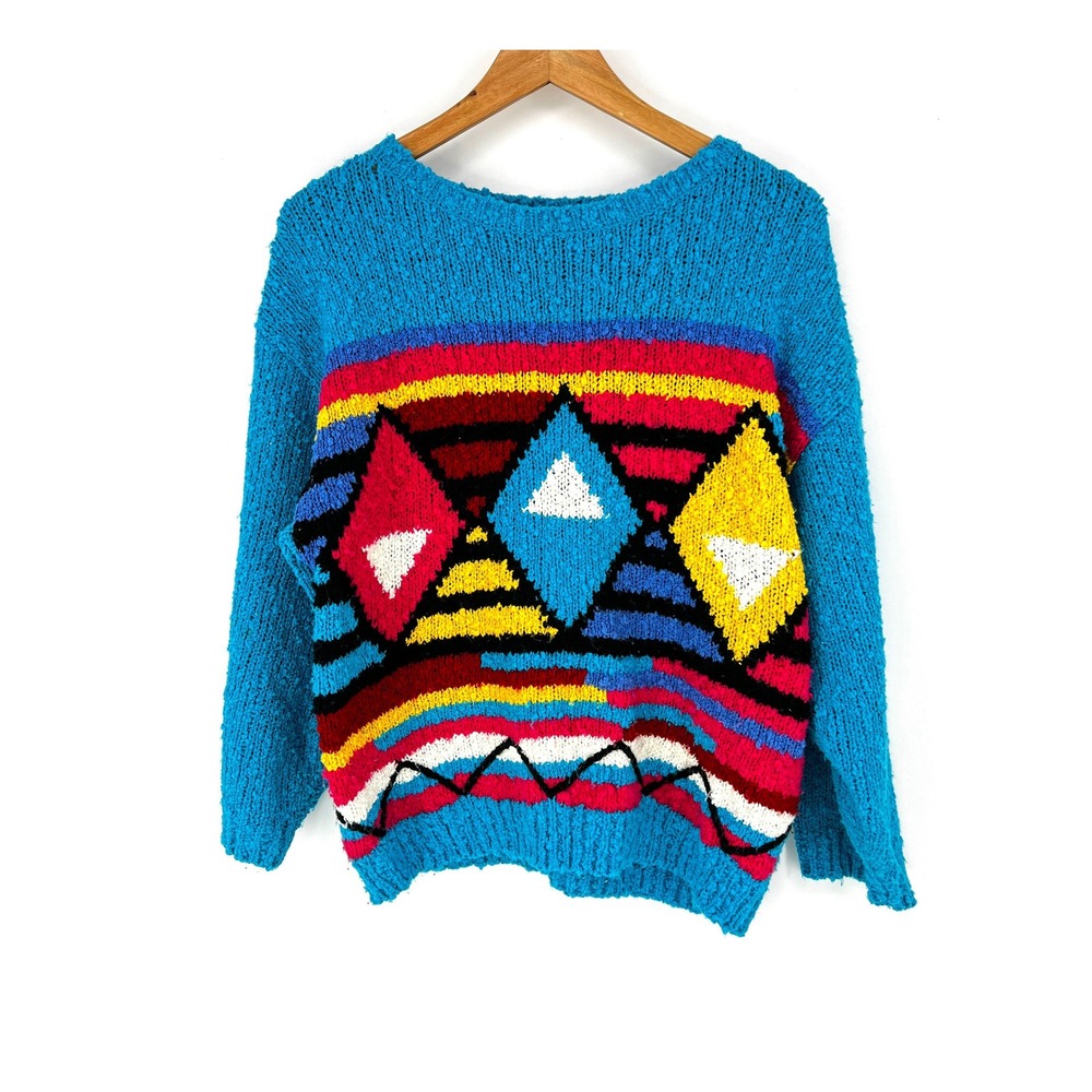 vintage 80s boucle sweater geometric M womens retro colorful